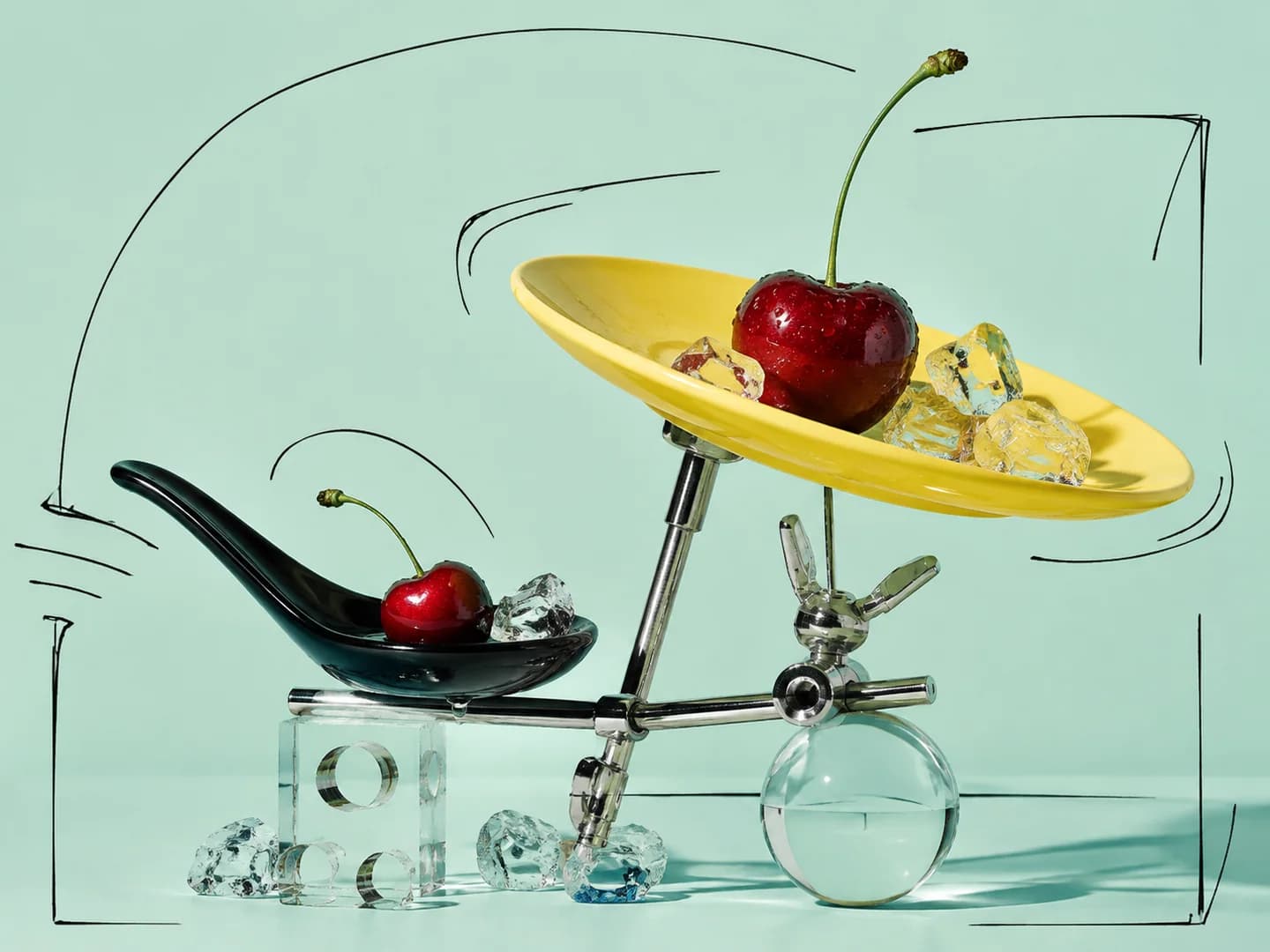 Kiraz, saydam küpler ve sarı tabaktan oluşan food styling kompozisyonu