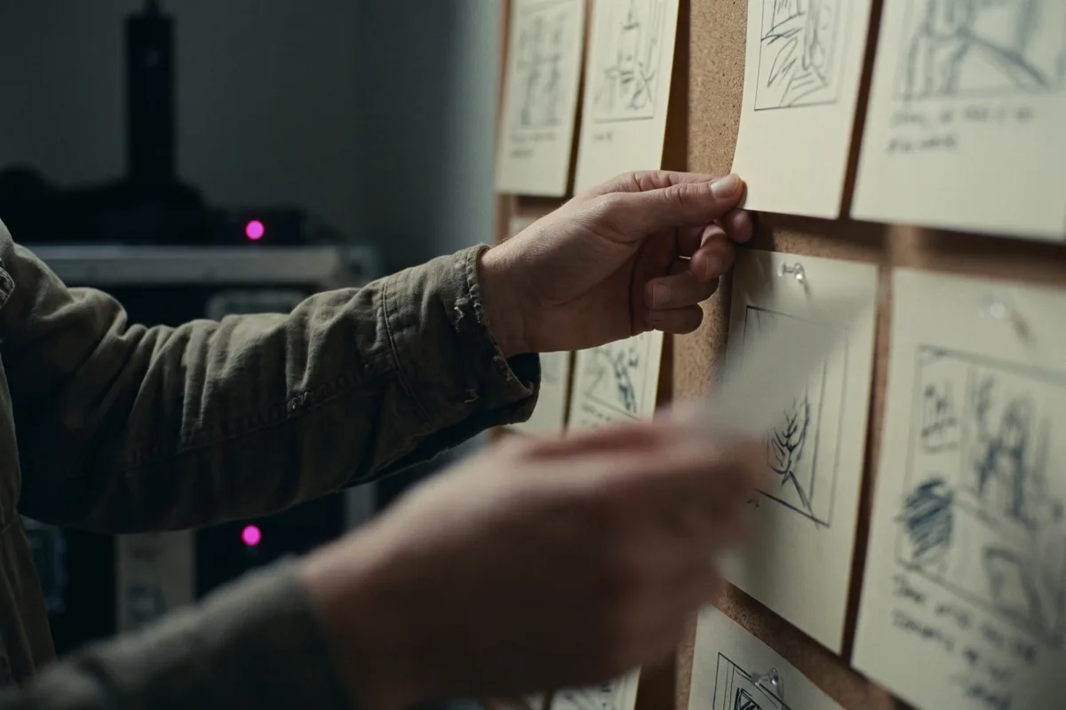 Karanlık bir stüdyoda duvara iğnelenmiş storyboard kartlarından birini yerinden alan el